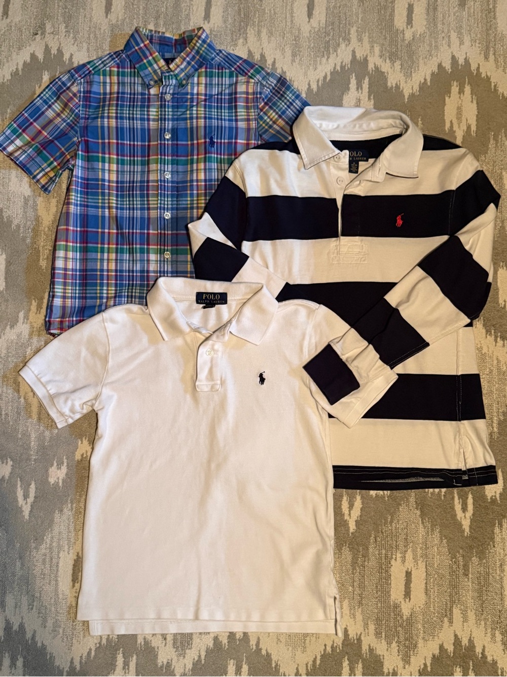 Ralph Lauren Kids lot - Madras Plaid Shirt/White Pique Polo/Navy Rugby Shirt